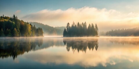 Obraz premium Serene dawn mist over tranquil lake and forested island reflection