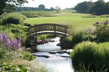 Fototapeta premium A charming wooden bridge spans over a small babbling stream, surrounded by vibrant flowers and lush greenery, in an idyllic garden setting under a bright sky.