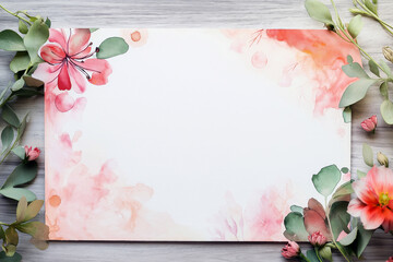 Obraz premium Abstract watercolor wedding card with soft floral splashes and leaf patterns, leaving a centered blank space for personal messages.