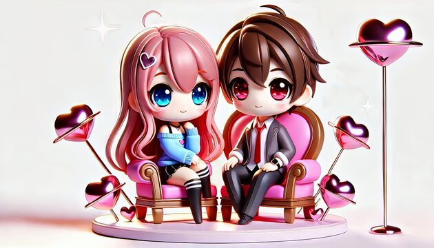 smooth d render with rounded edges raytracing of kawaii chibi anime couple Sitting on a heart shaped chair,