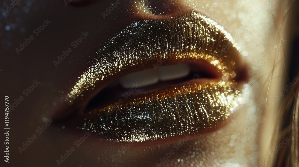 Poster luxuriously glossed lips gleam with golden shimmer, highlighting the texture and contours. soft ligh
