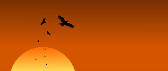 Obraz premium Sonnenuntergang mit Vektor Silhouetten von fliegenden Vögeln - Adler - Freiheit am Himmel