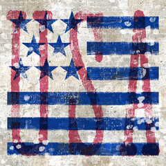 Grunge graphic design with American flag and grunge textured typography. Vintage patriotic stamp design.