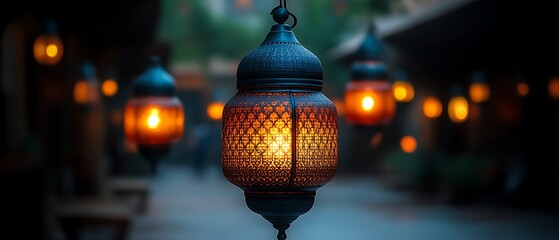 Illuminated Moroccan lanterns hanging outdoors at night.