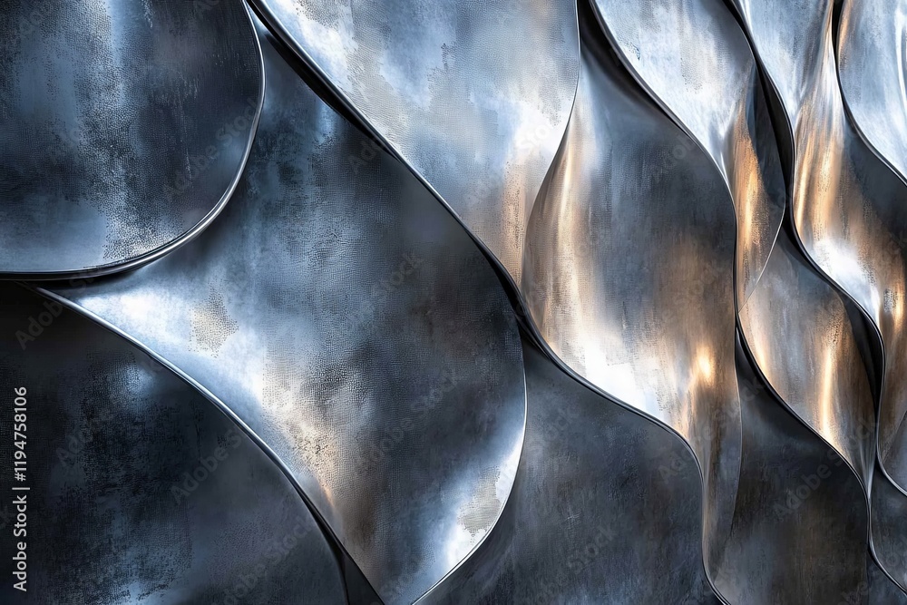 Poster a modern metallic sculpture featuring an undulating wave pattern, reflecting light subtly. this eleg