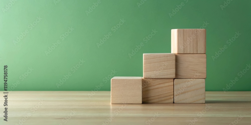 Poster wooden blocks arranged in ascending order on a table against a green background