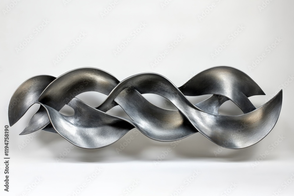 Poster a captivating metallic sculpture featuring elegant, intertwined curves, masterfully showcasing a sen