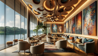 Fototapeta premium The charm of a cozy cafe in the embrace of a lake