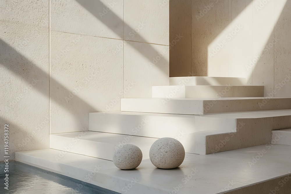 Poster A modern architectural scene features white steps bathed in sunlight, flanked by two smooth spherical stones, creating a minimalist and serene ambiance.