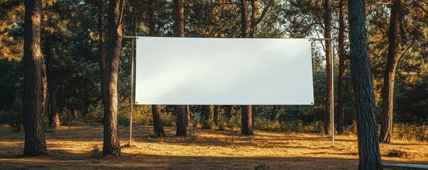 A white banner stretched across a metal frame in a park, blank for promotional content, 4k photo.