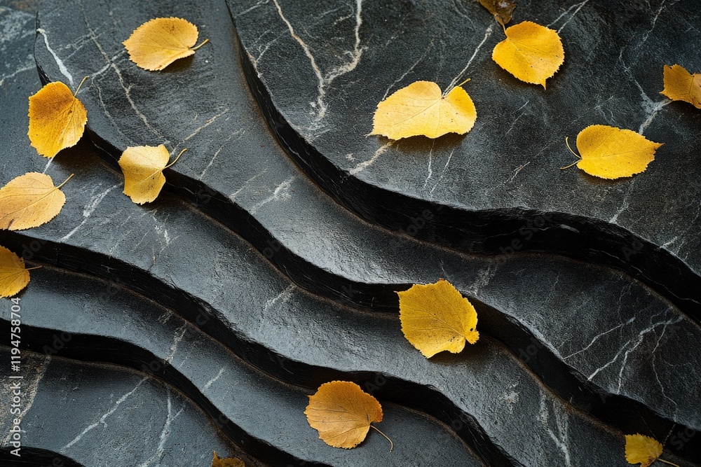 Poster a collection of vibrant yellow leaves scattered on dark, textured stone, creating an aesthetically p