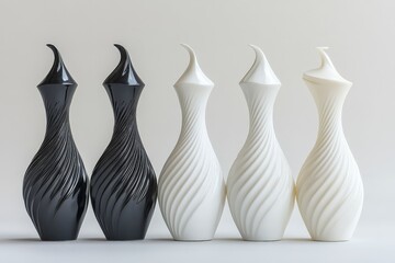 Chess pieces with an elegant twisted design in black and white, showcasing modern artistry with smooth curves and a flowing aesthetic on a plain background.