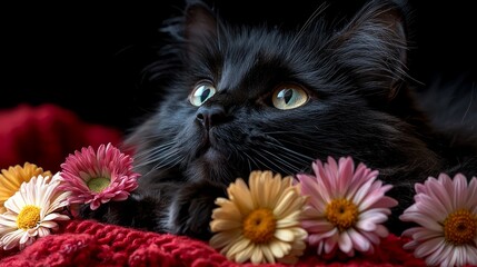 Fluffy black cat amidst flowers, dark background, cozy scene, pet portrait