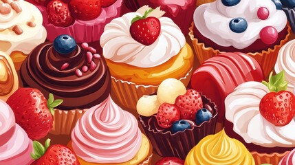 Sweet Tooth Delight: A vibrant, colorful array of delicious cupcakes adorned with fresh berries, fluffy frosting, and sprinkles, making them irresistible treats for any occasion. 