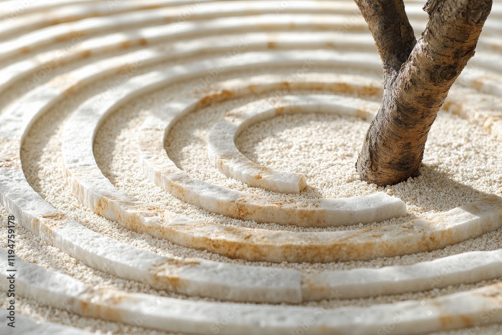 Aufkleber a tree trunk is centered in a creative spiral design made of concentric circles carved into sand, sh