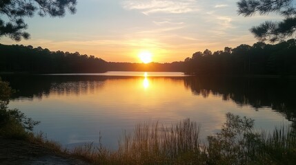 Obraz premium A calm lake reflecting the golden hues of the setting sun, surrounded by pine trees