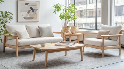 Light wood sofa set with cushions in bright living room.