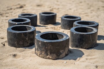 Seven round stone structures sit gracefully on sandy terrain, each reflecting a sense of unity, stability, and timelessness in a minimalist outdoor setting.