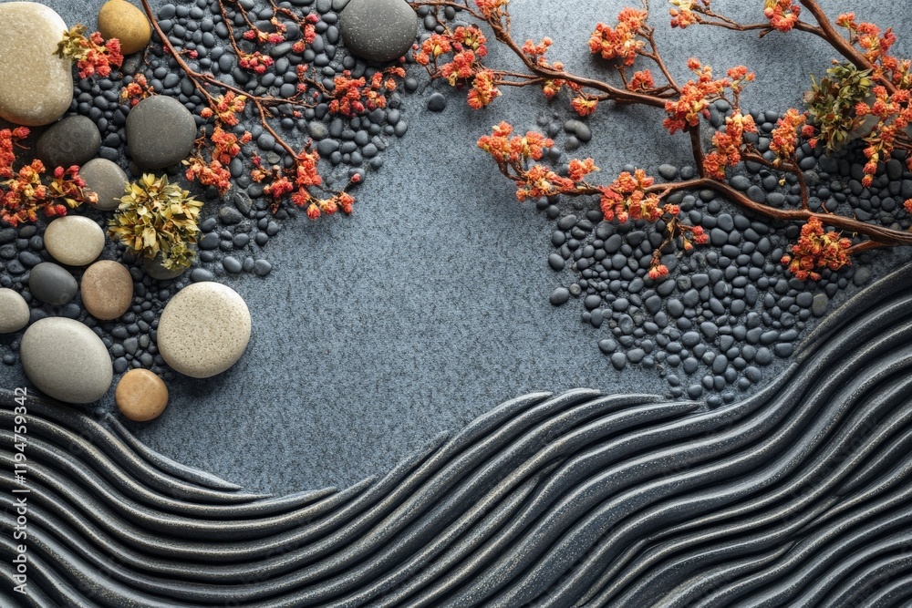Poster a zen garden features smooth stones and dried orange blossoms, creating a tranquil and balanced atmo