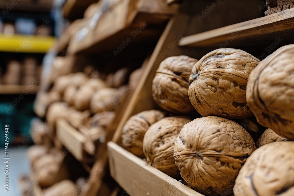 Poster freshly harvested walnuts displayed on a store shelf, ideal for use in recipes or as a snack