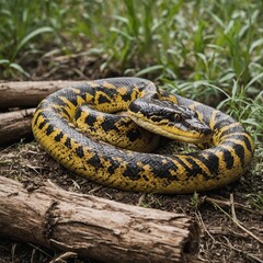 Obraz premium A yellow anaconda coiled around a log on a white background.