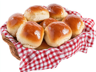 Fluffy Dinner Rolls Brushed With Golden Glaze in a Woven Basket on Checkered Cloth Setting