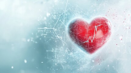 Fototapeta premium Glowing red heart with dynamic cardiogram displaying health and vitality in a digital abstract setting. Generative AI
