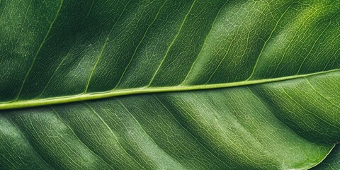 Close-up of a vibrant green leaf with intricate vein patterns against a dark background highlighting rich textures and variations in green hues.