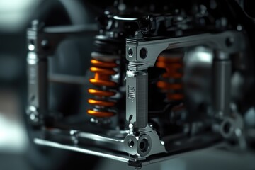 Fototapeta premium A detailed view of a motorcycle's front suspension mechanism, ideal for automotive or transportation-related projects