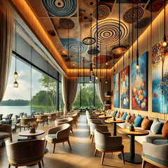 Fototapeta premium The charm of a cozy cafe in the embrace of a lake