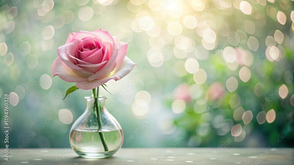 Poster a single pink rose in a glass vase on a table with a bokeh background