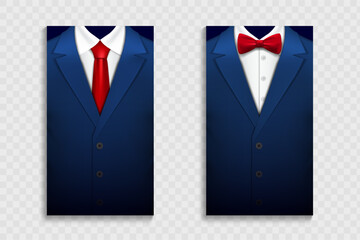 Business invitation cards with elegant blue suit and tuxedo with bow tie. Template isolated on transparent background. Vector mockup