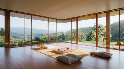 Fototapeta premium Contemporary minimalist interior design serene home location photography bright natural light environment wide angle viewpoint harmonious living concept