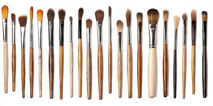 Diverse assortment of paintbrushes in varying sizes and shapes arranged neatly on a white backdrop with natural wood and metallic elements.