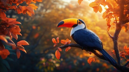 Obraz premium A colorful toucan with a bright beak resting on a branch with a vibrant background