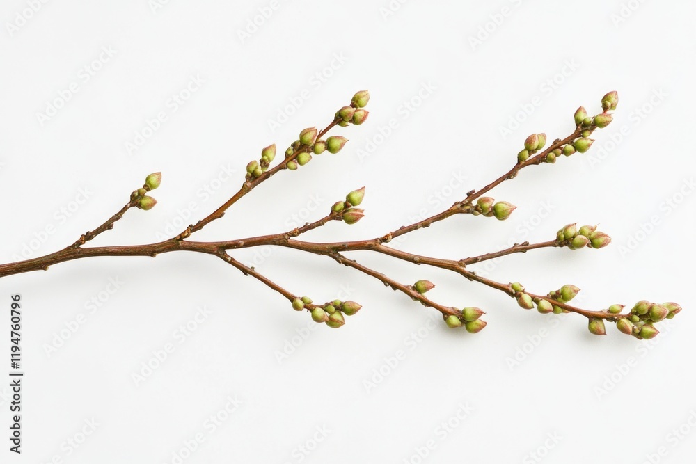 Poster a close-up of a branch with budding flowers on a clean white surface