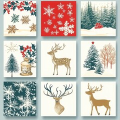 Festive Winter Patterns Featuring Red and Green Elements, Snowflakes, Holly, Trees, Reindeer, and Holiday Decorations for Seasonal Inspiration