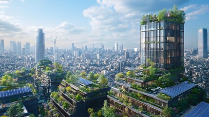 Obraz premium A cityscape showing a blend of renewable energy sources like solar panels and wind turbines integrated with urban buildings, illustrating the transformation to net zero energy solutions 
