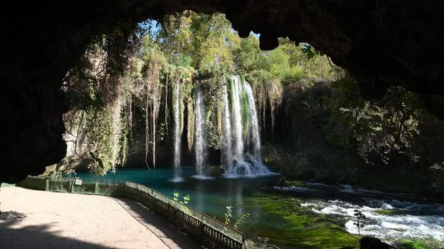 Spectacular view of the Upper Duden or Iskander waterfall. A view from paradise. Symbol tourist attractions of Antalya.  Kepez district. Turkey country - 4k video 