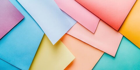 Multicolored paper sheets in pastel shades arranged diagonally on a white background with ample copy space for text or graphics.