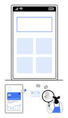 Large smartphone displaying app interface with woman analyzing financial data on a connected tablet. Ideal for financial technology, mobile apps, digital banking, online transactions, financial