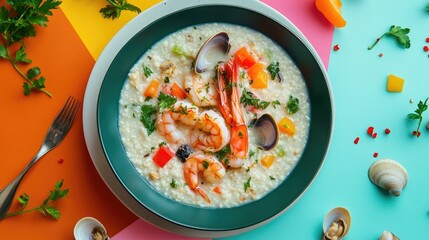 A delicious, rich seafood porridge with shrimp, clams, and vegetables, presented against a colorful backdrop.