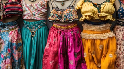 Fototapeta premium A close-up of bohemian-inspired festival fashion, featuring brightly colored skirts, patterned tops, and chunky jewelry, laid flat with space for text.