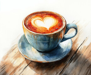 Latte art with heart-shaped foam on a wooden surface displayed in a watercolor-style illustration 