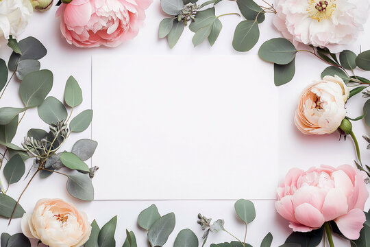 Elegant wedding invitation template with pastel floral motifs, featuring peonies and eucalyptus around a white space for text.