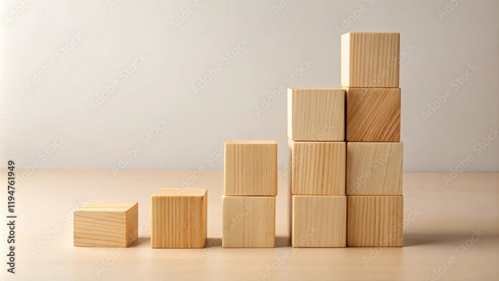 Poster ascending wooden blocks forming a growth chart on a light table
