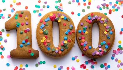Obraz premium Decorated cookie for birthday or anniversary party, number 100. White background with party decoration.