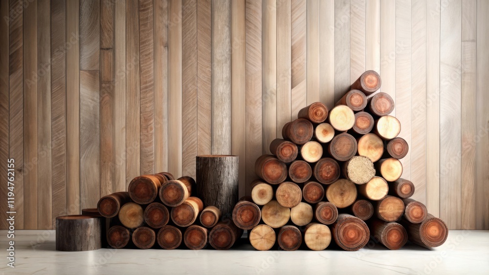 Poster rustic wooden log display with minimalist pedestals against a wood panel background