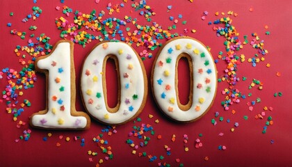 Decorated cookie for birthday or anniversary party, number 100. Colorful background with party decoration.