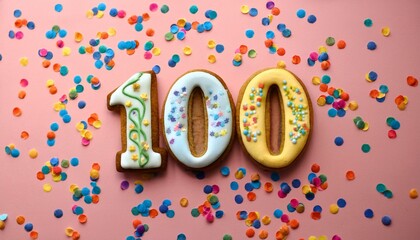 Decorated cookie for birthday or anniversary party, number 100. Colorful background with party decoration.